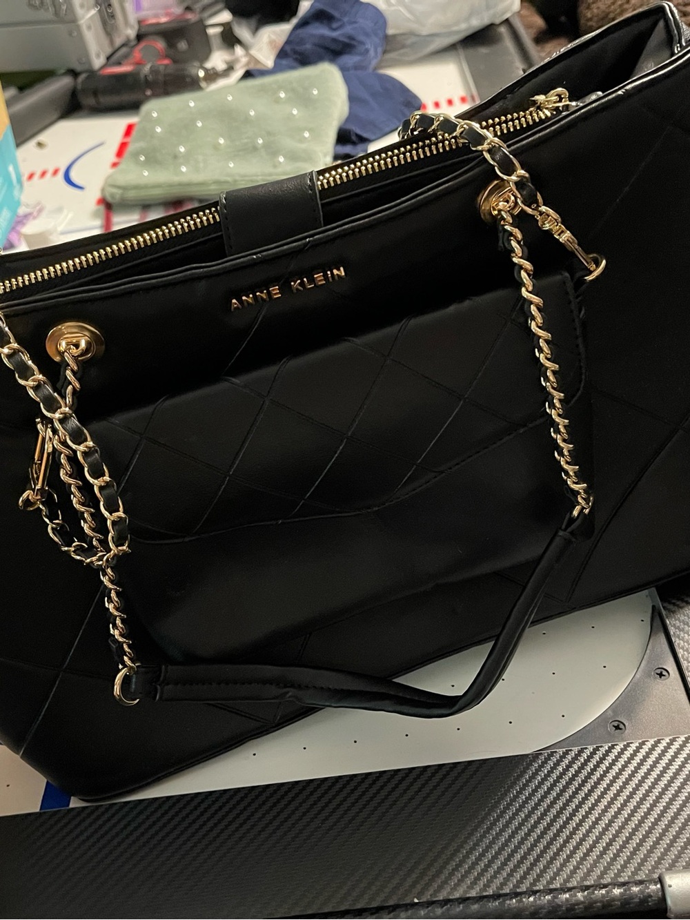 Anne Klein Quilted Black Tote Bag with Gold Chain Handles
